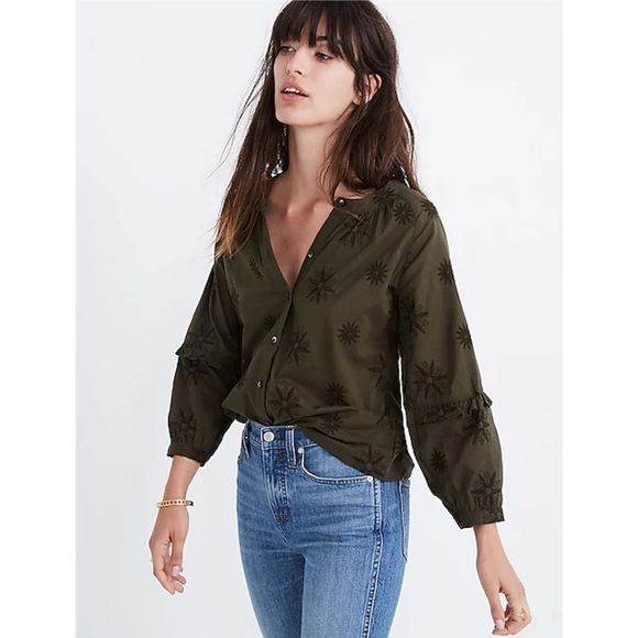 Madewell Embroidered Bubble Sleeve Blouse Top in Dark Olive - Picture 1 of 14